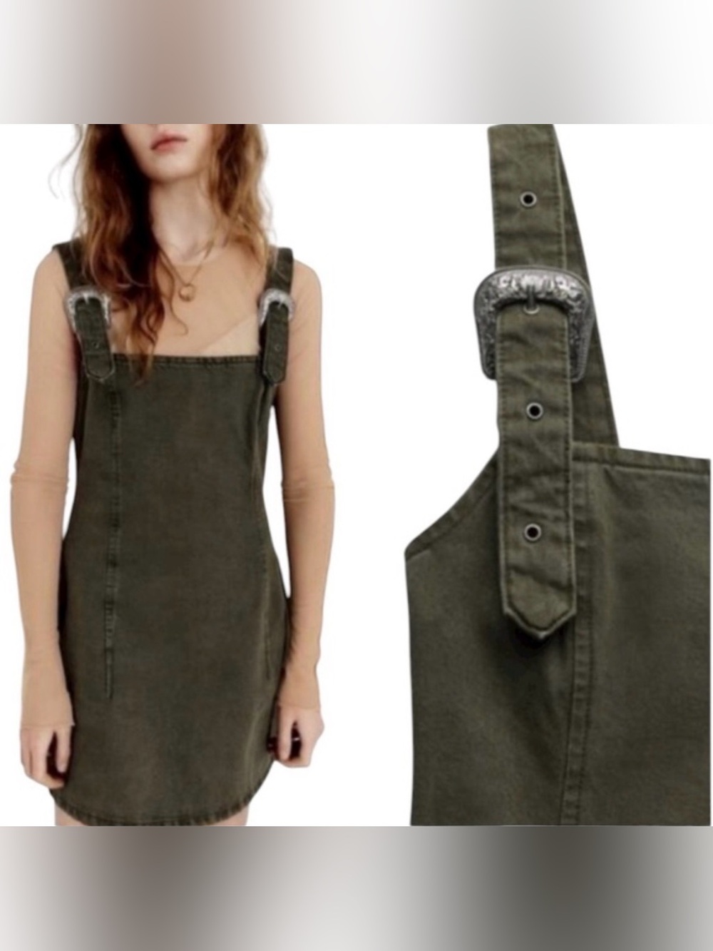 Rare! Zara 100% Cotton Olive Green Denim Metal Belt Buckle Accent Mini Dress